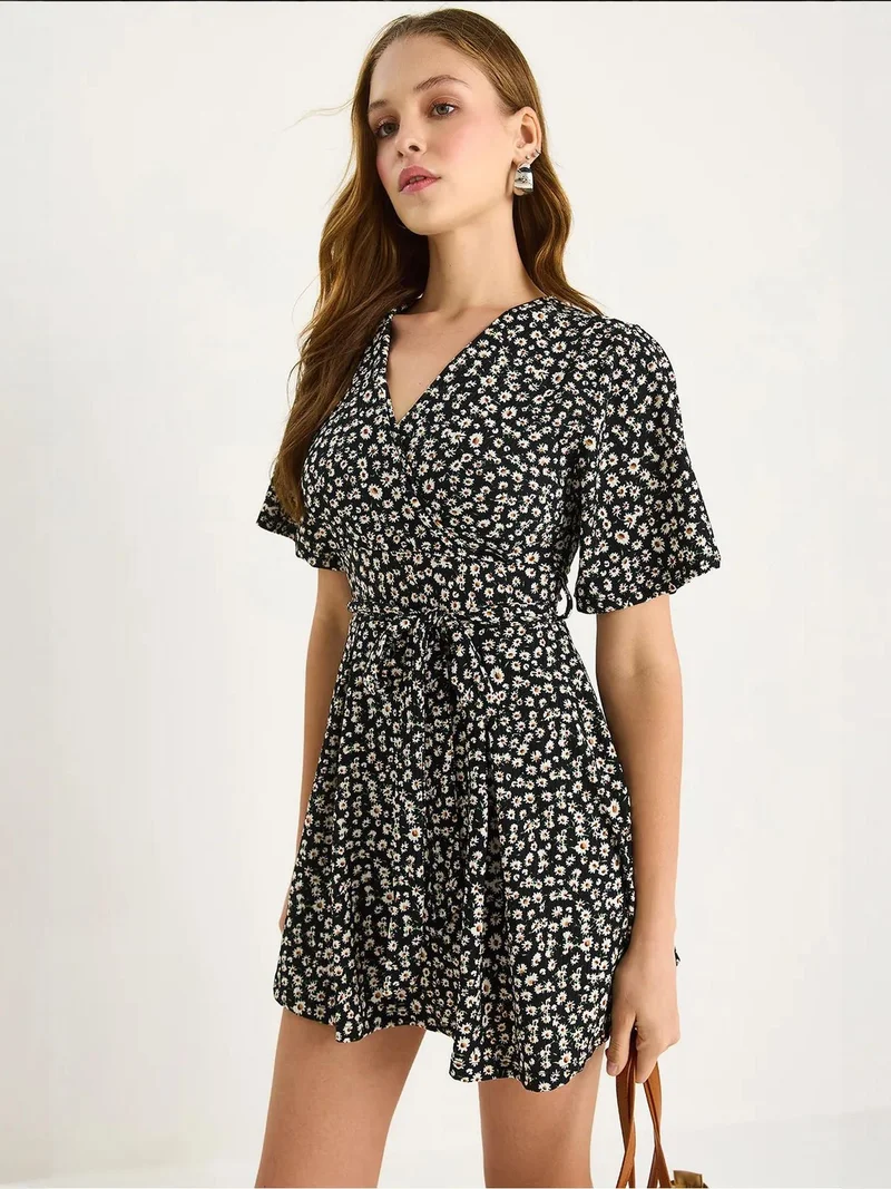 Bianco Lucci Black LUCCI Floral V-Neck Midi Dress with Split for Women | Best Price UAE