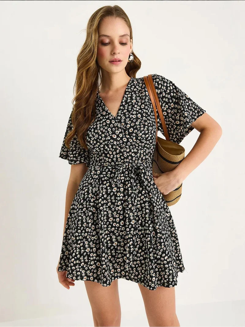 Bianco Lucci Black LUCCI Floral V-Neck Midi Dress with Split for Women | Best Price UAE