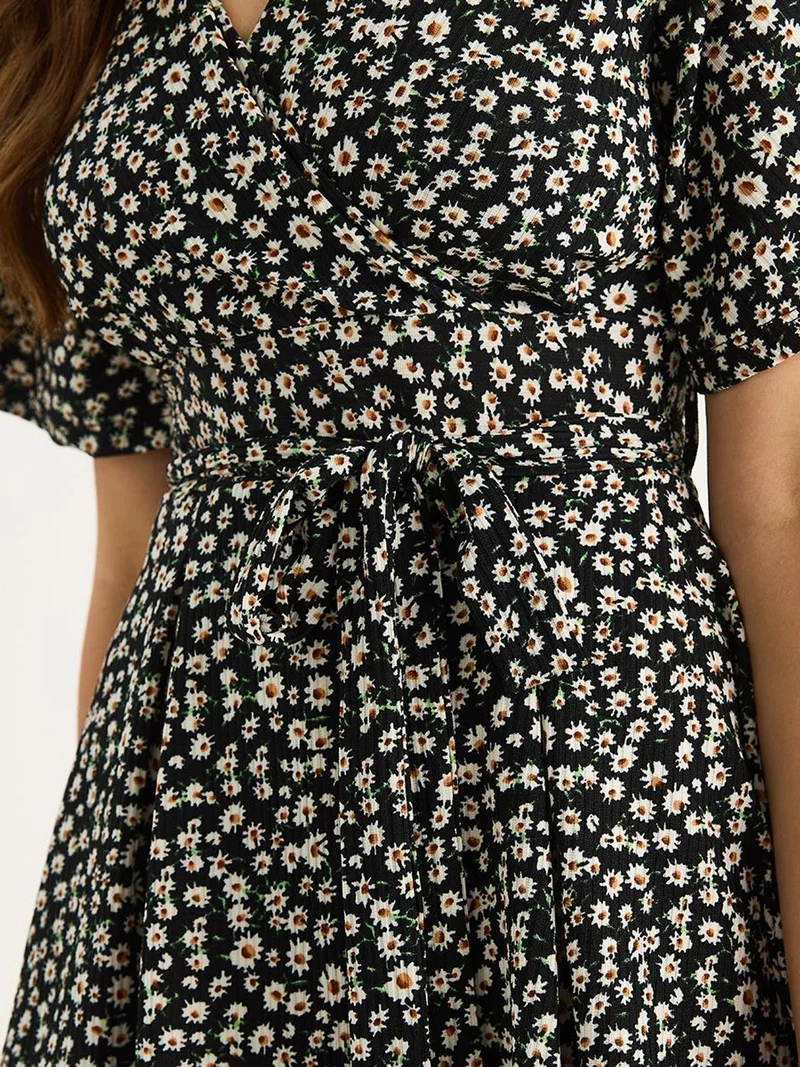 Bianco Lucci Black LUCCI Floral V-Neck Midi Dress with Split for Women | Best Price UAE