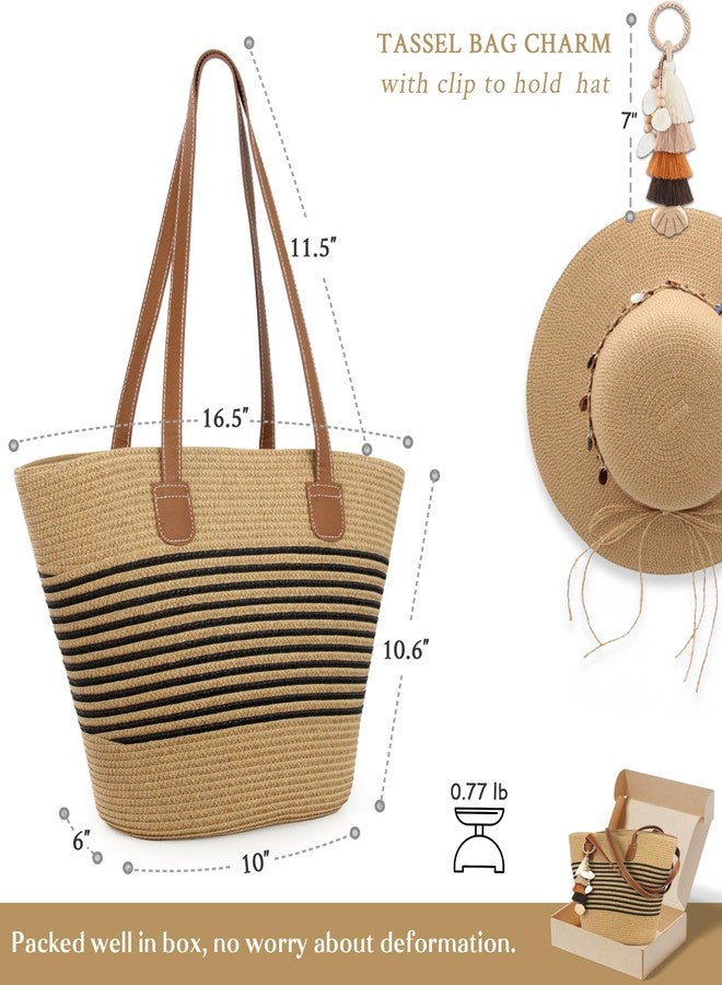 RUNROLE Straw Beach Tote Bag with Tassel Hat Clip for Travel, Large Lightweight Raffia Summer Hobo Shoulder Bag for Women - Image 3