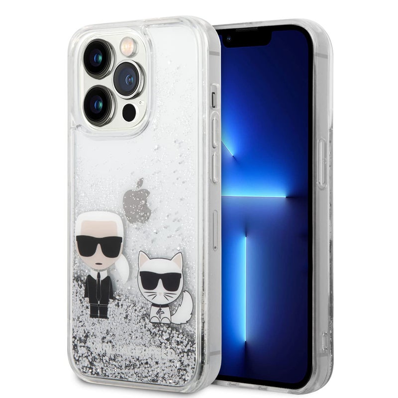 CG MOBILE Karl Lagerfeld Liquid Glitter Silicone Case Karl And Choupette ProtectorUltraThinNonSlippingShockAbsorptionAntiScratch Compatible With iPhone 14 Pro 61 Silver