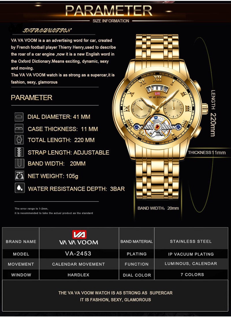 VA VA VOOM - Men's Water Resistance Metal Analog Quartz Wrist Watch - Gold - Image 1