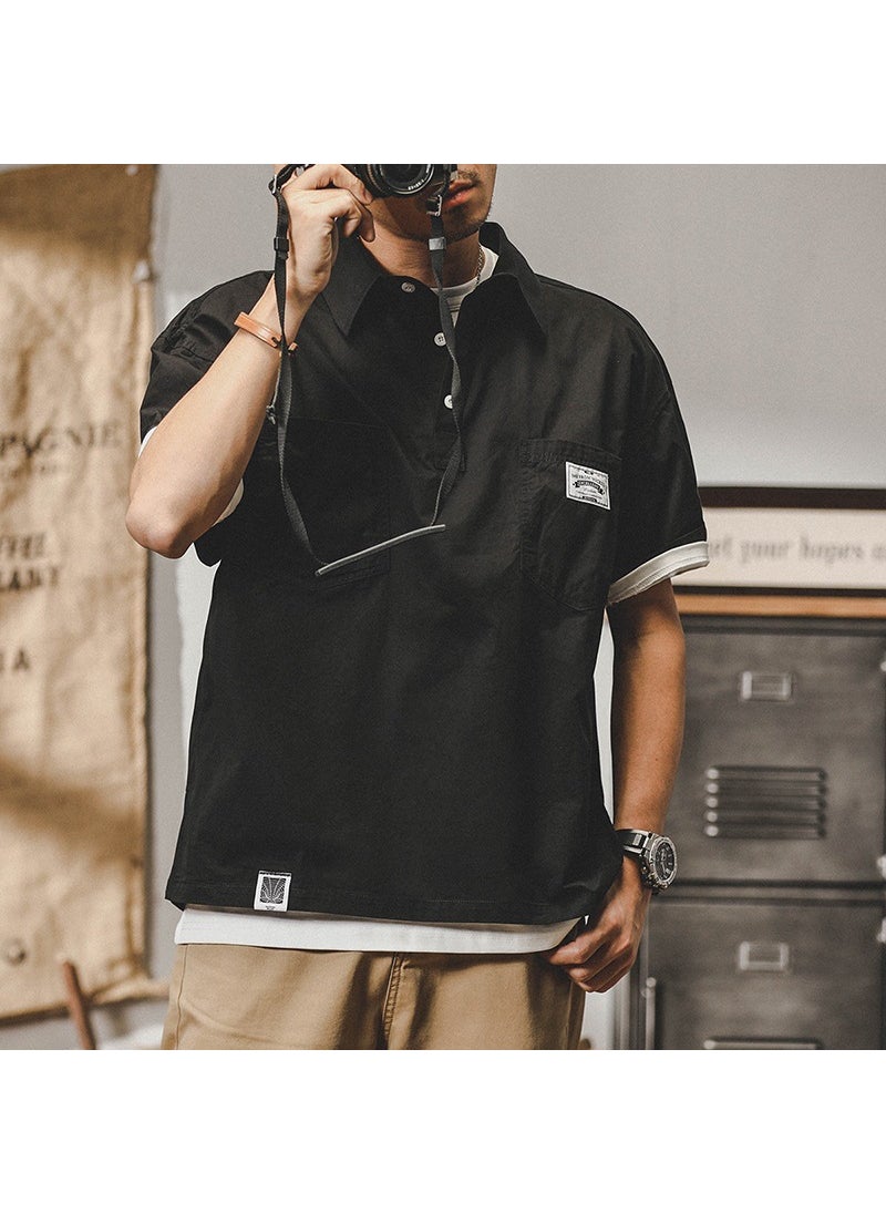 Generic - Loose American Style Mens T-Shirt Short Sleeve POLO Shirt Summer Trendy Brand Casual Shirt Collar Half Sleeve Top for Men 552 black - Image 1