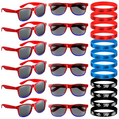 Kingdder 24 Pcs Spider Web Sunglasses and Silicone Wristbands Bracelets Spider Birthday Theme Party Favors Black Red Blue Party Decorations Supplies GiftsClassic - Image 1