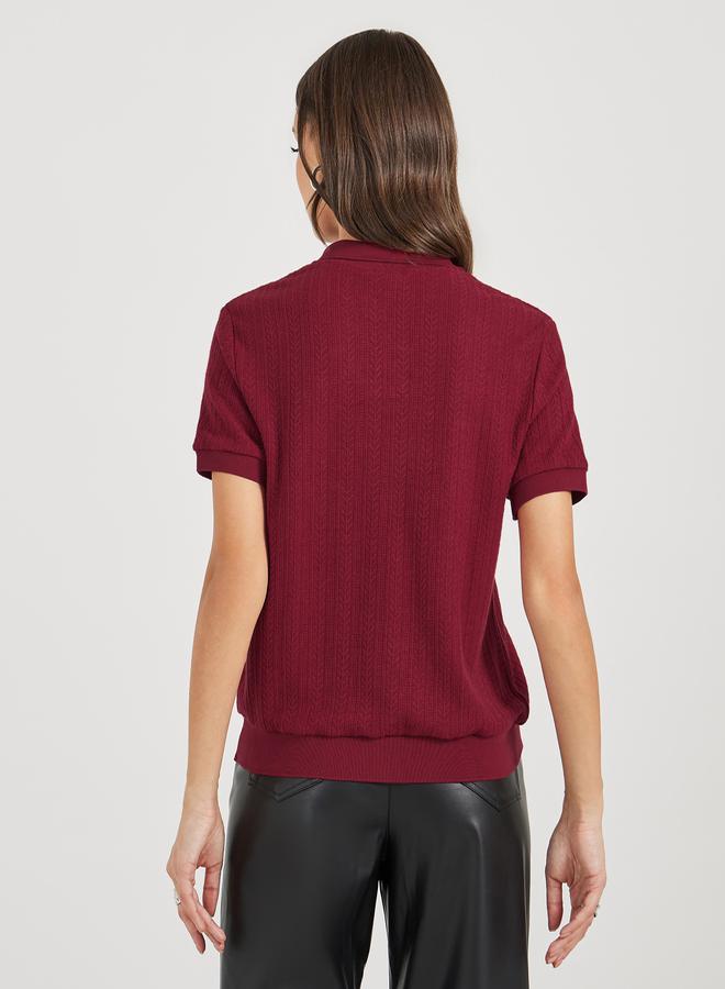 Styli Pointelle Collared Knit Top - Image 5