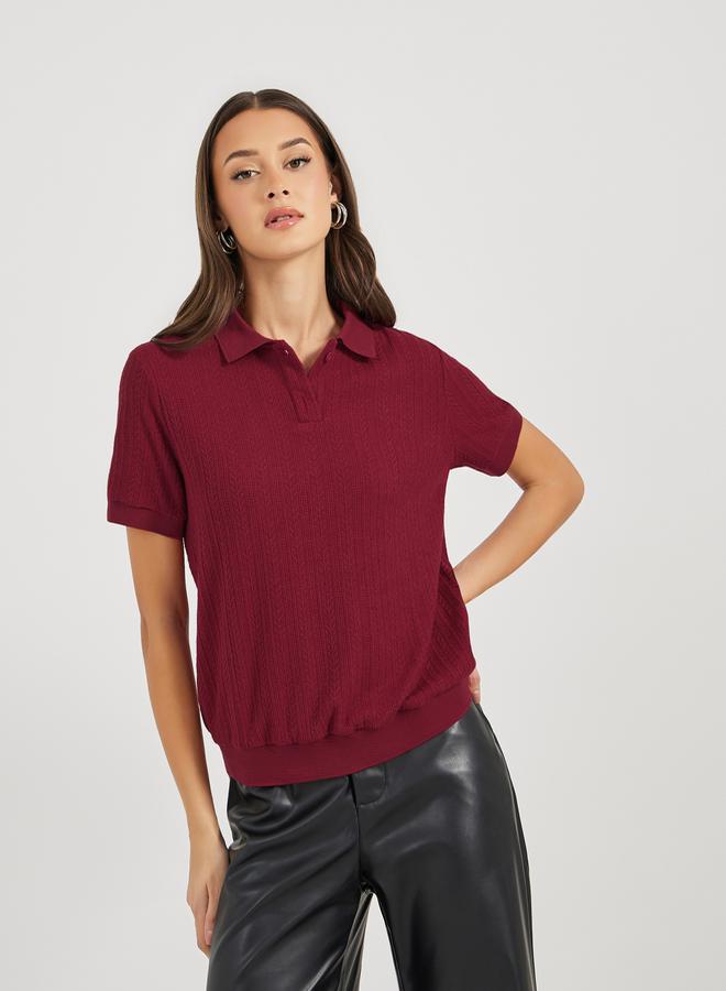 Styli Pointelle Collared Knit Top - Image 1