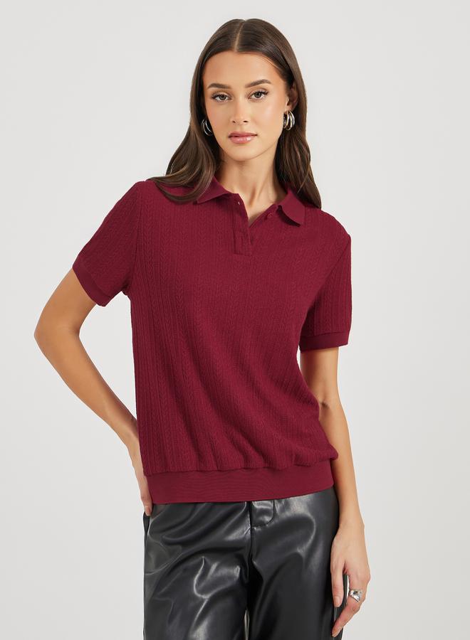 Styli Pointelle Collared Knit Top - Image 3