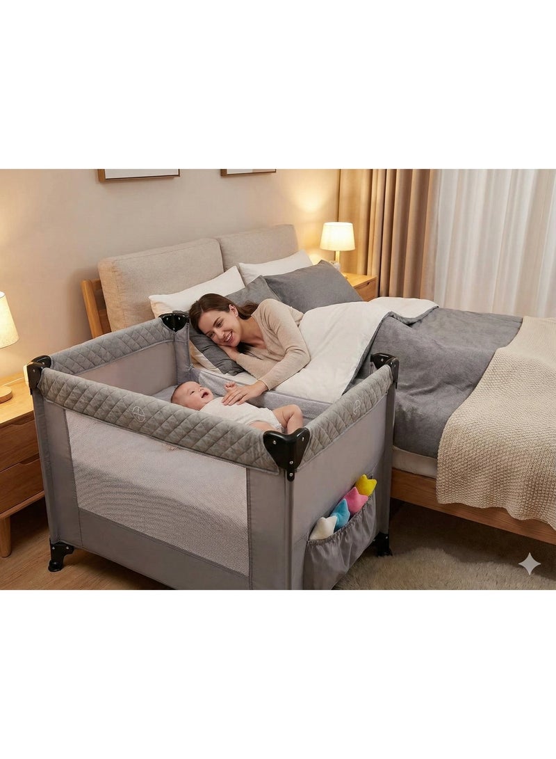 kidz Era 2 in 1 Portable Baby Bed and Playpen - Use as a baby bed next to the mother's bed, supported by a movable opening and a safe fastening system (Co-Sleeper) + a wide playpen, 360° ventilation mesh, with front wheels for easy movement inside the house - Fully foldable for easy travel and mobility - Image 1