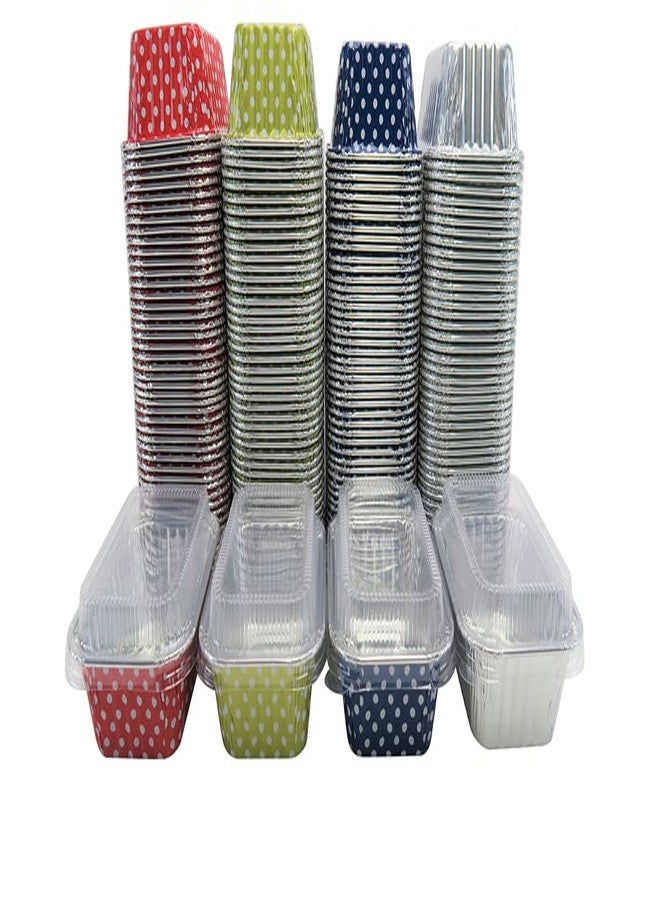 KitchenDance.com KitchenDance Disposable Aluminum Mini Loaf Pans - 6 Ounces Rectangular Individual Sized Loaf Pans, Aluminum Foil Baking Pans perfect for Cakes, Cobblers - #4004, (Blue Polka Dot- With Lids, 50) - Image 1