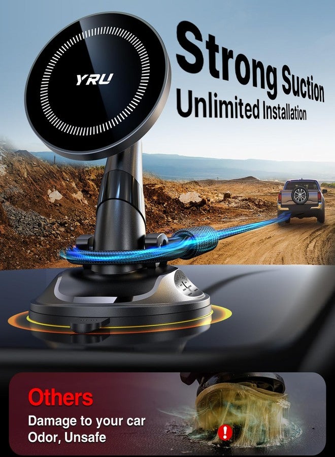 YRU [True Upgraded Military-Grade] Phone Holder for Magsafe Car Mount 360° Rotating Vacuum Suction Dashboard, 2800gf Strongest Magnetic Windshield Phone Mount for iPhone 17 Pro Max 16 15 14, Black - Image 3