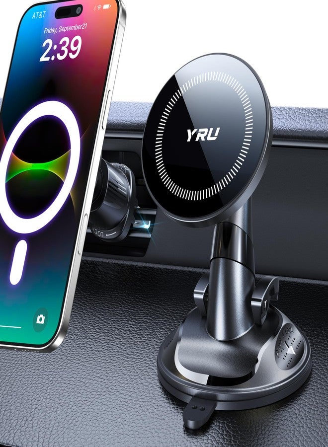 YRU [True Upgraded Military-Grade] Phone Holder for Magsafe Car Mount 360° Rotating Vacuum Suction Dashboard, 2800gf Strongest Magnetic Windshield Phone Mount for iPhone 17 Pro Max 16 15 14, Black - Image 1