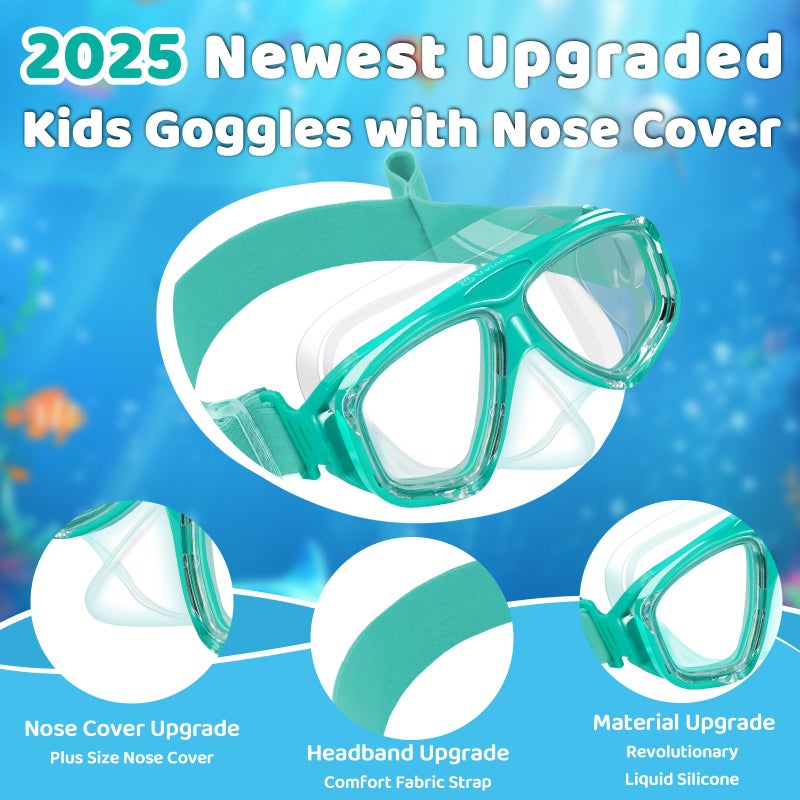 Vvinca Swim Goggles with Nose Cover, Kids Snorkeling Diving Mask Elastic Fabric Strap 180Â° Clear View Anti-Fog UV Protection Anti-Shattered Lens Pool Swimming Goggles for 3-14 Boys Girls Teens Youth - Image 2