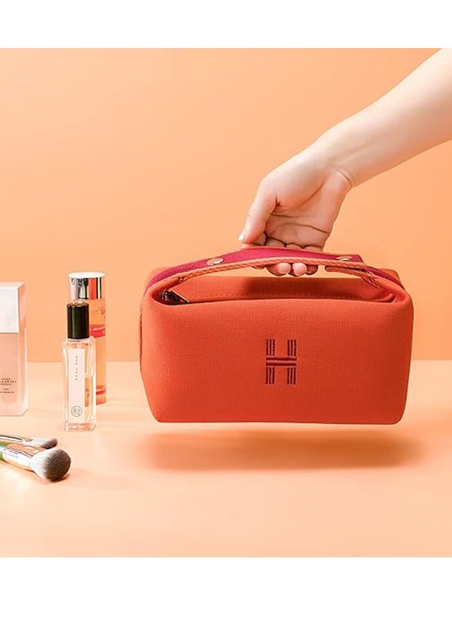 Makeup Bag with Handle, Orange Red Canvas Travel Makeup Organizer Bag for Women - Image 1