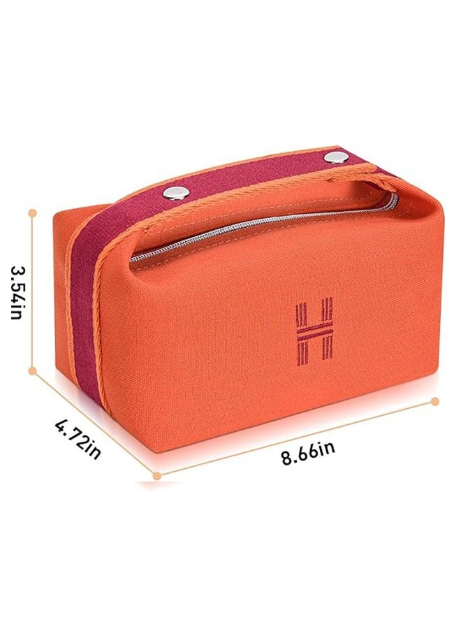 Makeup Bag with Handle, Orange Red Canvas Travel Makeup Organizer Bag for Women - Image 4