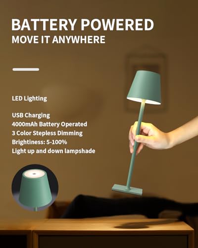 KDG 2 Pack Cordless Table Lamp,Portable LED Desk Lamp, 4000mAh Battery Operated, 3 Color Stepless Dimming Up, for Restaurant/Bedroom/Bars/Outdoor Party/Camping/Coffee Shop Night Light(Green) - Image 4