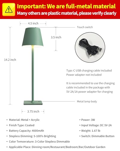 KDG 2 Pack Cordless Table Lamp,Portable LED Desk Lamp, 4000mAh Battery Operated, 3 Color Stepless Dimming Up, for Restaurant/Bedroom/Bars/Outdoor Party/Camping/Coffee Shop Night Light(Green) - Image 5