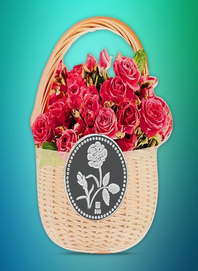 FORTUNE FOREVER عملة فضية نقية على شكل وردة بتصميم سلة زهور، هدية فاخرة جاهزة مع بطاقة أكريليك، تحمل علامة الجودة البريطانية (BIS)، مثالية لتقديمها كهدية للنساء، وللحب والمناسبات الخاصة (نقاء 999) (10 غرامات من الفضة). - Image 5