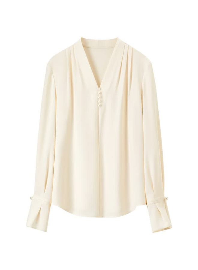 Sentubila Light Workplace V-neck Chiffon Blouse Women New Spring Premium Long Sleeve Base Shirt Inner Wear Top Apricot L - Image 2