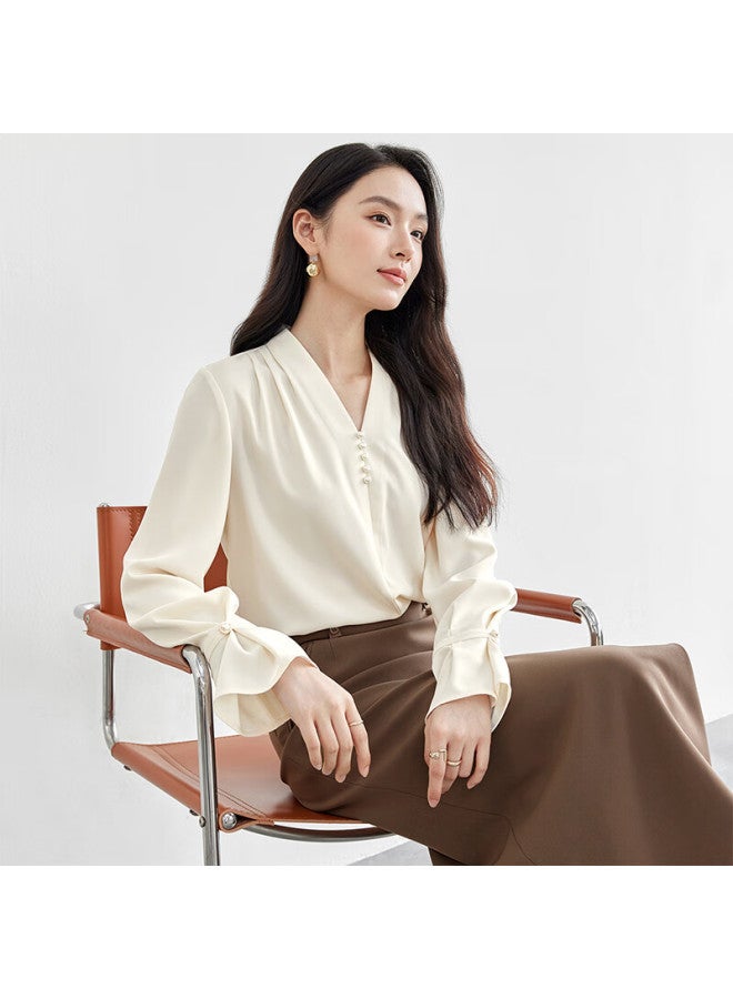 Sentubila Light Workplace V-neck Chiffon Blouse Women New Spring Premium Long Sleeve Base Shirt Inner Wear Top Apricot L - Image 1