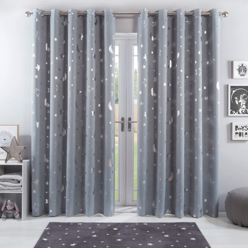 Dreamscene Galaxy Star Thermal Blackout Curtains for Kids Bedroom PAIR of Eyelet Ring Top Panels Metallic Moon  Silver Grey