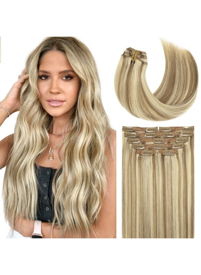 Lacer Hair Real Hair Extensions Clip In Human Hair Soft Virgin Hair For Women Light Brown Highlighted Platinum Blonde Color Thick Full Head Hair Extensions 120G 7 Pieces 18 Inch - Image 1
