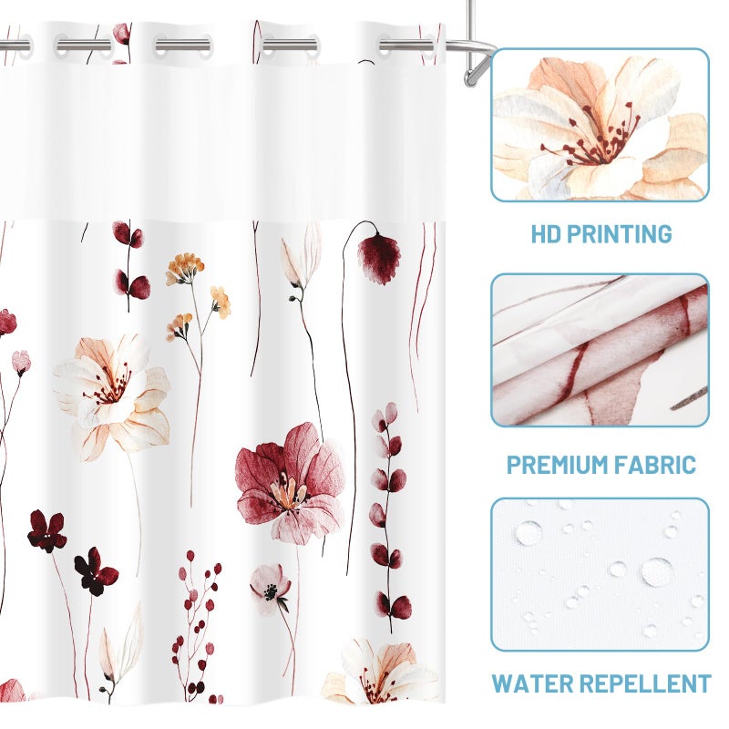 WITHLOC No Hook Shower Curtain with Snap in Liner - Floral Shower Curtain - Fabric Waterproof Inner Liner, Plants Watercolor Burgundy Flower Modern Shower Curtains - Machine Washable, 71 x 74 - Image 4