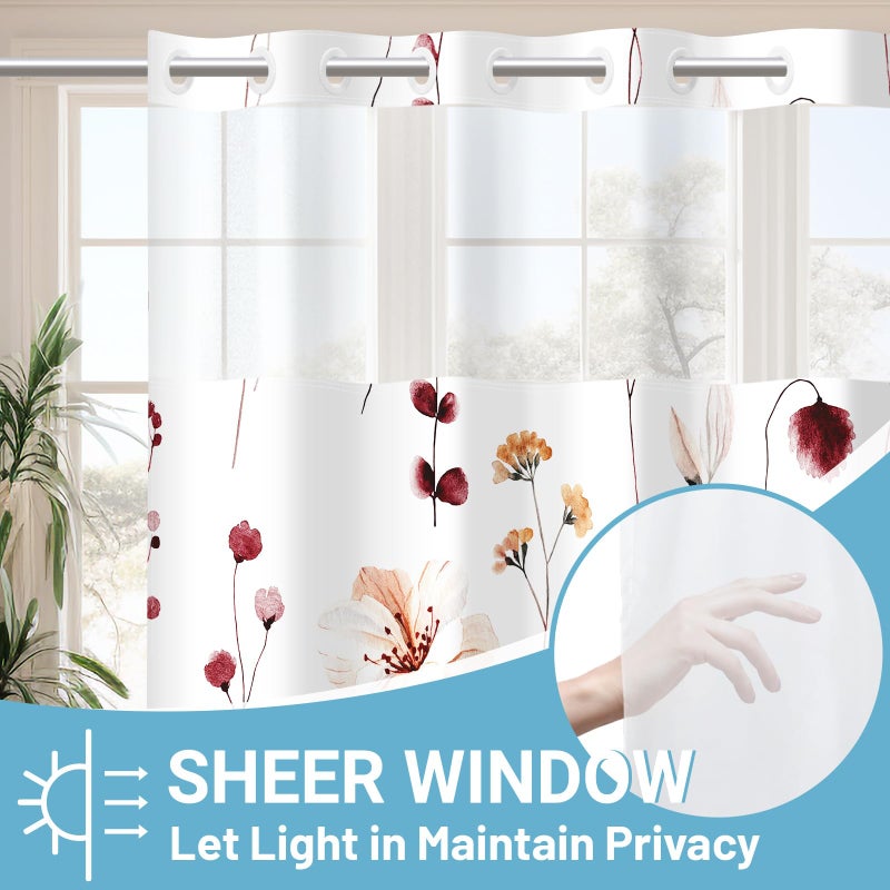WITHLOC No Hook Shower Curtain with Snap in Liner - Floral Shower Curtain - Fabric Waterproof Inner Liner, Plants Watercolor Burgundy Flower Modern Shower Curtains - Machine Washable, 71 x 74 - Image 2