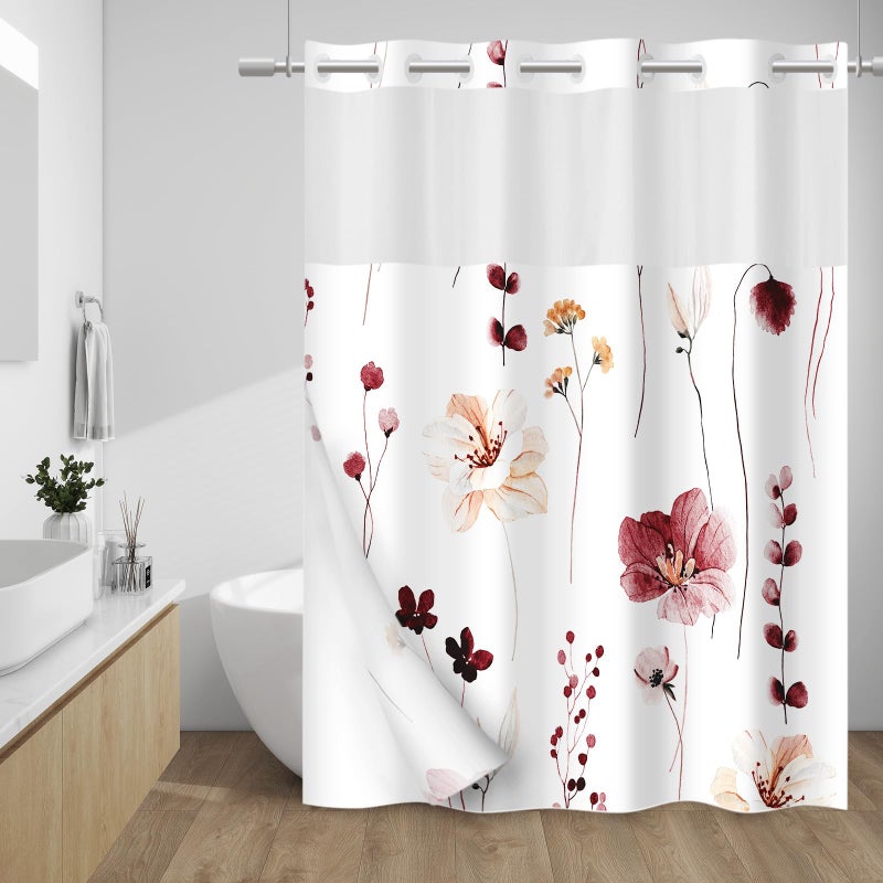 WITHLOC No Hook Shower Curtain with Snap in Liner - Floral Shower Curtain - Fabric Waterproof Inner Liner, Plants Watercolor Burgundy Flower Modern Shower Curtains - Machine Washable, 71 x 74 - Image 1