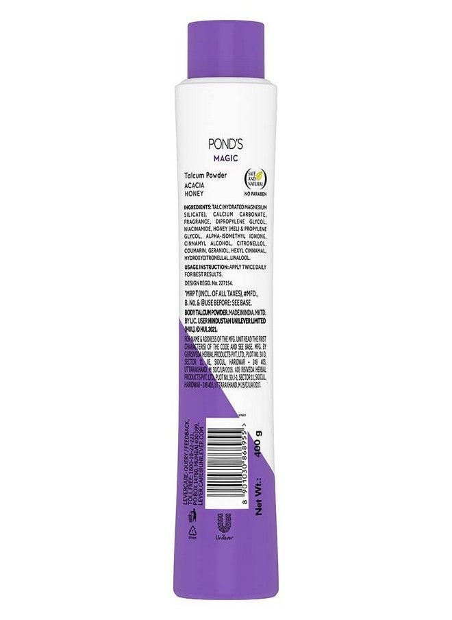 Pond's POND'S Magic Acacia Honey Fragrance Talcum Powder 400 g, Cooling Fresh Talc for Face & Body - For Men & Women  - Image 2