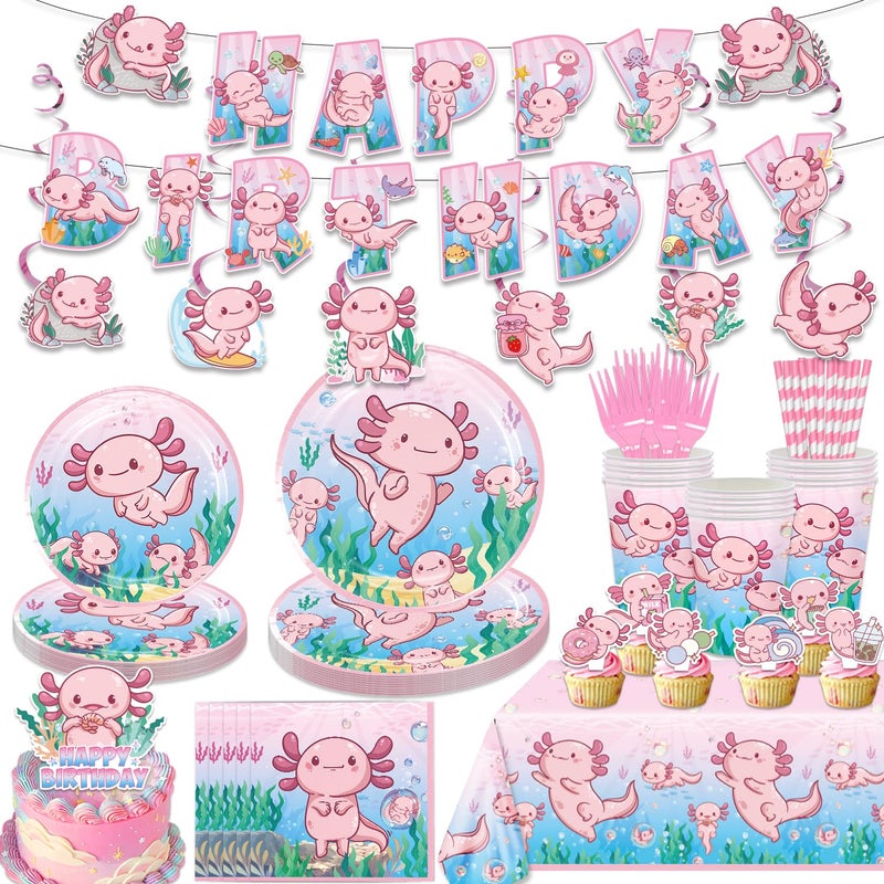 ANTFULCNl 164PCS Pink Cartoon Axolotl Birthday Party Decorations Tableware Axolotl Party Supplies Plates and Napkins Set Banner Hanging Swirls Tablecloth Cake Cupcake Topper Reptile Animals Baby Shower - Image 2