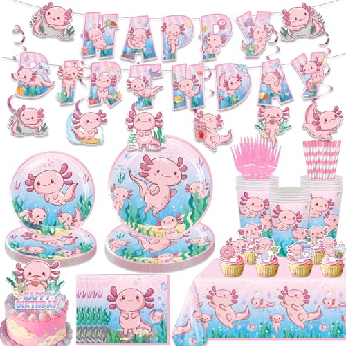 ANTFULCNl 164PCS Pink Cartoon Axolotl Birthday Party Decorations Tableware Axolotl Party Supplies Plates and Napkins Set Banner Hanging Swirls Tablecloth Cake Cupcake Topper Reptile Animals Baby Shower - Image 1