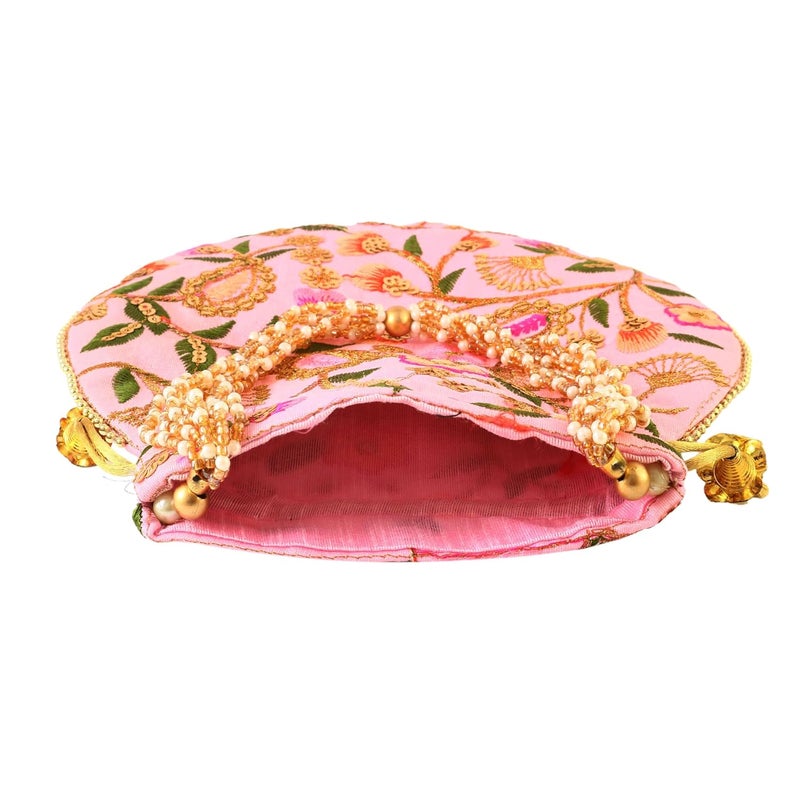 BINORI Rajasthani Style Royal Clutch Silk Batwa Bag Wristlets Embroidered Potli Bag With Floral Design, Pearl Handle, Traditional Drawstring Purse - Image 3