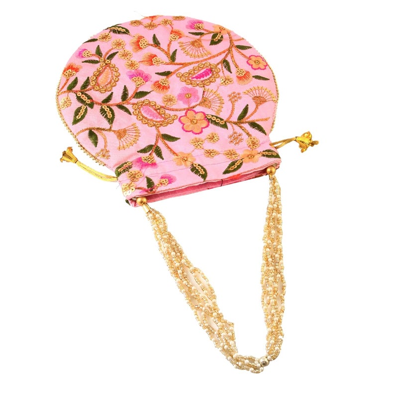 BINORI Rajasthani Style Royal Clutch Silk Batwa Bag Wristlets Embroidered Potli Bag With Floral Design, Pearl Handle, Traditional Drawstring Purse - Image 2