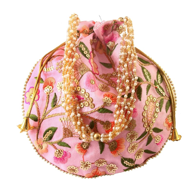 BINORI Rajasthani Style Royal Clutch Silk Batwa Bag Wristlets Embroidered Potli Bag With Floral Design, Pearl Handle, Traditional Drawstring Purse - Image 1