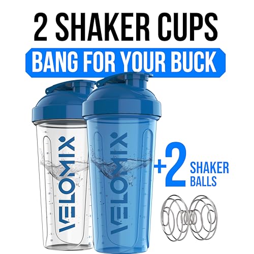 VELOMIX -2 Pack- 28 oz Protein Shaker Bottles for Protein Mixes - 2x Wire Whisk | Leak Proof Shaker Cups for Protein Shakes and Pre Workout | Protein Shaker Bottle Pack (B5) Blue/Transparent - Image 2