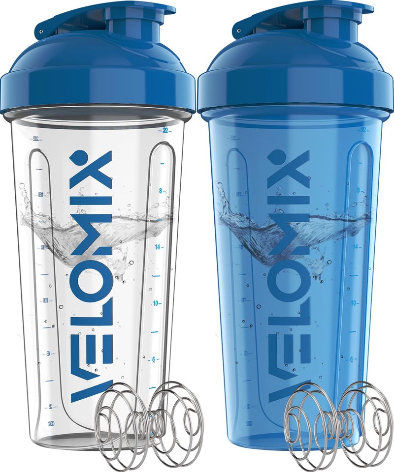 VELOMIX -2 Pack- 28 oz Protein Shaker Bottles for Protein Mixes - 2x Wire Whisk | Leak Proof Shaker Cups for Protein Shakes and Pre Workout | Protein Shaker Bottle Pack (B5) Blue/Transparent - Image 1