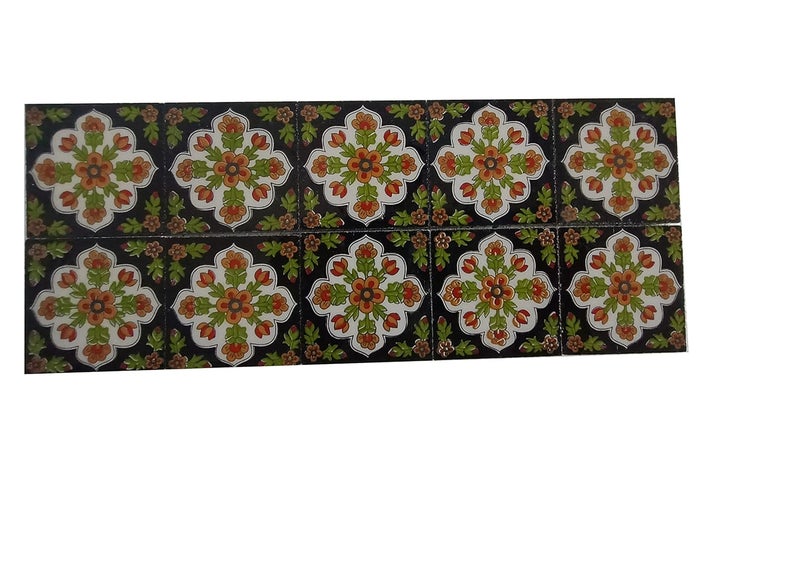 Shiv Kripa Blue Pottery Luxury Floral Decorative Crafted Tabletop Flooring Wall Interior Exterior Traditional 2 x 2 inch Tiles Pack of 20 Tiles Blue Multi