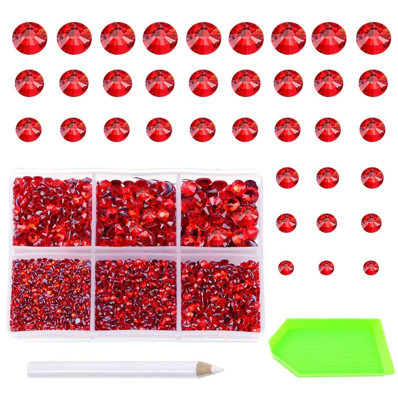 AD Beads 4500 Pieces Hotfix Rhinestones Flat Back 6 Sizes 26 mm Crystal Round Glass Gems with Tweezers and Picking Rhinestones Pen or Crafts Nail Face Art Bags Clothes Shoes DIY Red