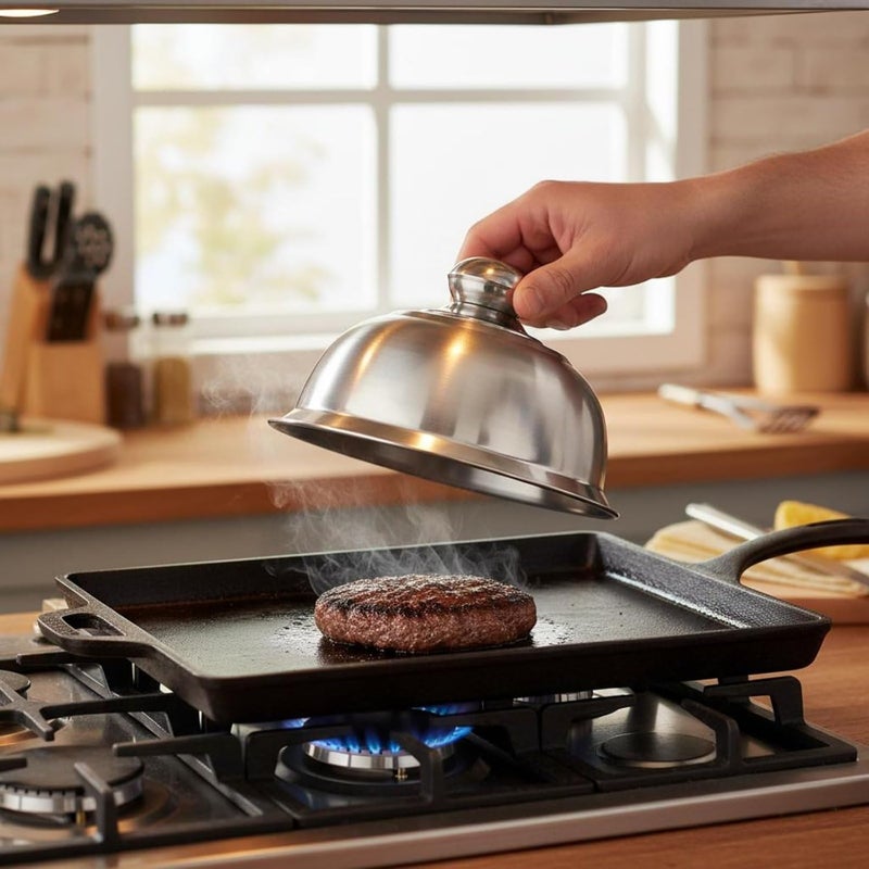 Cheese Melting Dome Versatile Stainless Steel Food Dome Heat Resistant Handle Pot Lid for Kitchen, 24CM, Plastic Handle - Image 3