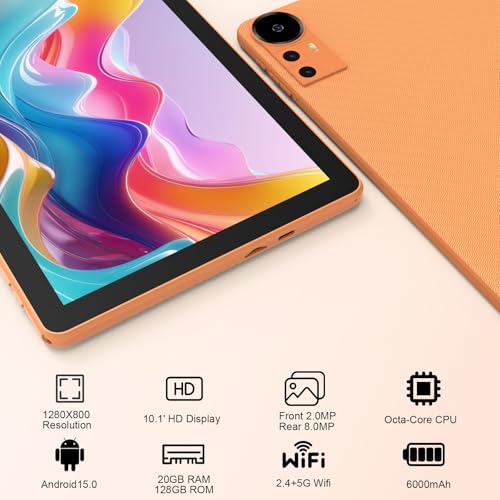 CUPEISI Android 15 Tablet 10 Inch, 20GB RAM+128GB ROM/2TB Expandable, 2.0GHz Quad-core Processor, 1280*800 HD Screen, 5G WiFi6 BT5.0, 2 in 1 Tablets with Keyboard Case Mouse Stylus, Widevine L1 Orange - Image 3