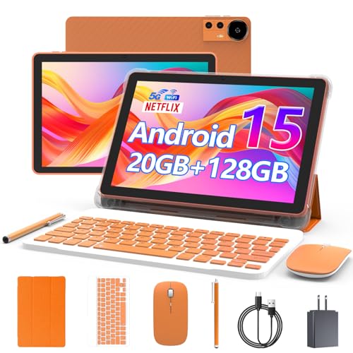 CUPEISI Android 15 Tablet 10 Inch, 20GB RAM+128GB ROM/2TB Expandable, 2.0GHz Quad-core Processor, 1280*800 HD Screen, 5G WiFi6 BT5.0, 2 in 1 Tablets with Keyboard Case Mouse Stylus, Widevine L1 Orange - Image 1