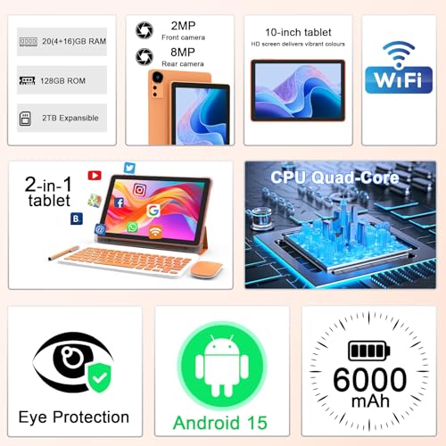 CUPEISI Android 15 Tablet 10 Inch, 20GB RAM+128GB ROM/2TB Expandable, 2.0GHz Quad-core Processor, 1280*800 HD Screen, 5G WiFi6 BT5.0, 2 in 1 Tablets with Keyboard Case Mouse Stylus, Widevine L1 Orange - Image 2