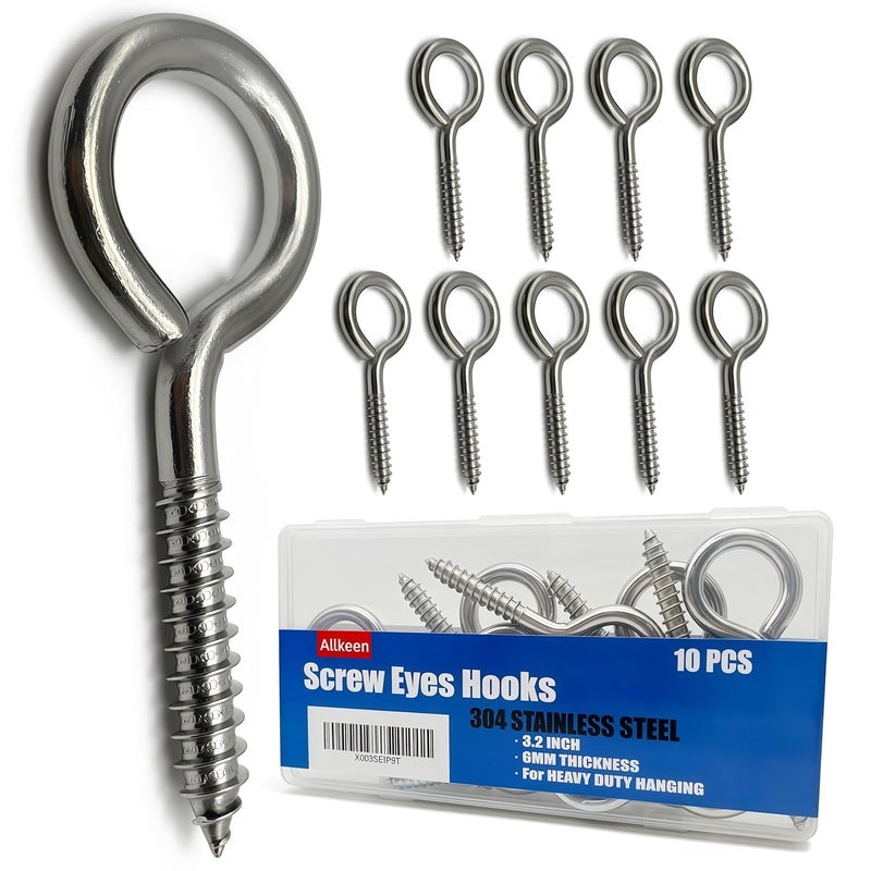 Allkeen 10 PCS M6 304 Stainless Steel Screw Eyes Hook, 3.2 Inches Eyes Screw Hooks, Indoor & Outdoor Uses, 200 Lbs Capacity - Image 1