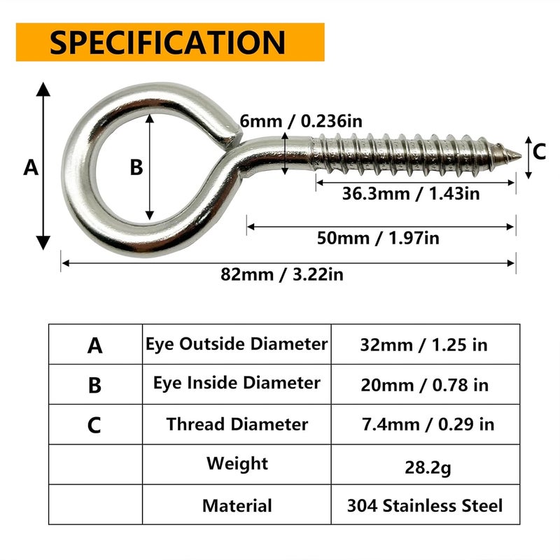Allkeen 10 PCS M6 304 Stainless Steel Screw Eyes Hook, 3.2 Inches Eyes Screw Hooks, Indoor & Outdoor Uses, 200 Lbs Capacity - Image 3