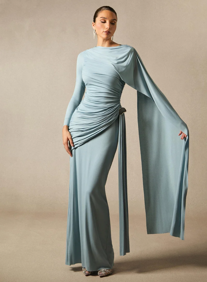 Sunfere Blue Elsie Long Sleeve Cape Detail Maxi Dress for Women | Best Price UAE
