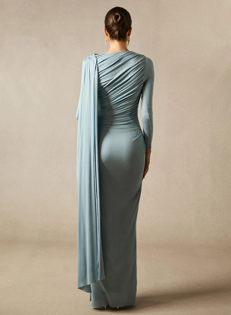 Sunfere Blue Elsie Long Sleeve Cape Detail Maxi Dress for Women | Best Price UAE