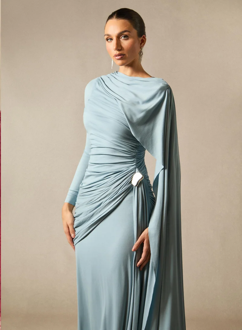 Sunfere Blue Elsie Long Sleeve Cape Detail Maxi Dress for Women | Best Price UAE