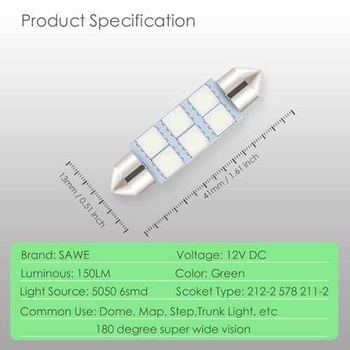 SAWE - 1.72" 42mm 41mm 6-SMD 5050 Festoon LED Bulbs For Dome Map Light 211-2 578 (4 pieces) (Green) - Image 2