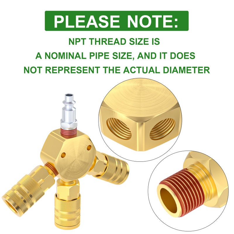 Taisher 3-Way 1/4 Inch NPT Hex Style Air Manifold with 3 Pieces Brass Industrial Coupler and Plug, Air Compressor Hose Accessories Quick Connect Fittings Air Splitter - Image 3