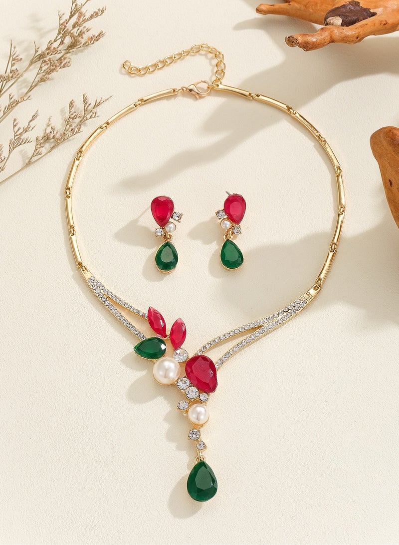 Elegant Vintage Golden Alloy Pearl Necklace and Earrings Set, Pearl Jewelry Set with Red & Green Gemstone Accents, Necklace Pendant and Earrings, Stunning, Bridal  - Image 5